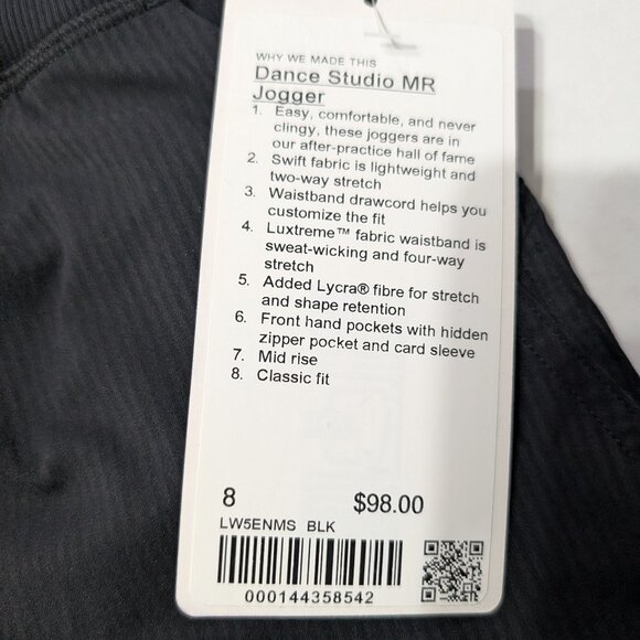 Lululemon Dance Studio MR jogger.  Color Black. Size 8 - Picture 2 of 4